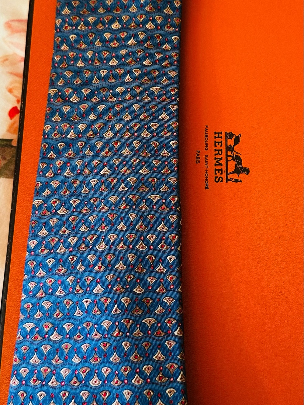 Hermes Blue Patterned Silk Tie with Red and White Accents